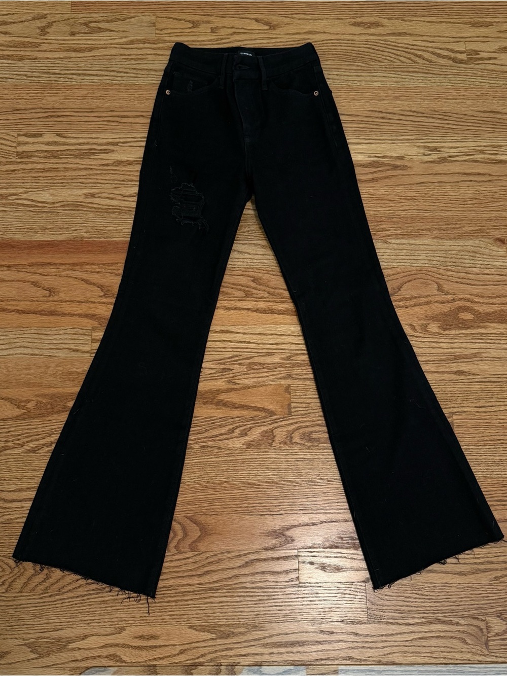 Express Black Flare Jeans with Distressed Detail